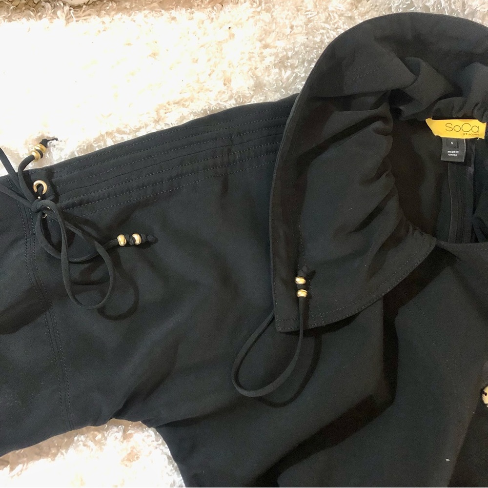 St. John SoCa Black belted parka metallic accents oversized collar size small - Picture 7 of 13